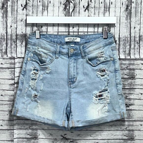 Judy Blue Wild Aztec Patches Cuffed Denim Shorts - Picture 7 of 8